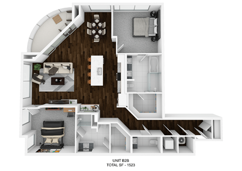 Floor plan for 2 beds, 2.5 baths, 1523 sqft
